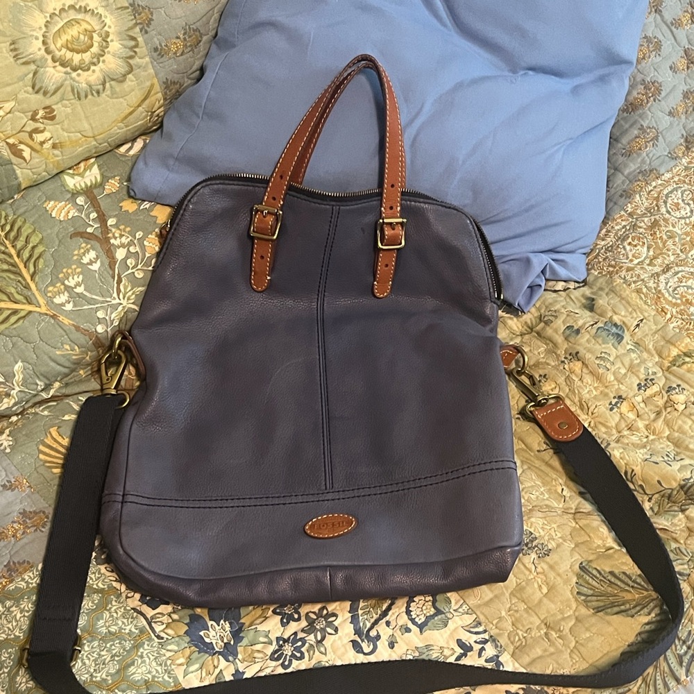 Fossil Navy Leather Fold-Over Crossbody with Brown Trim